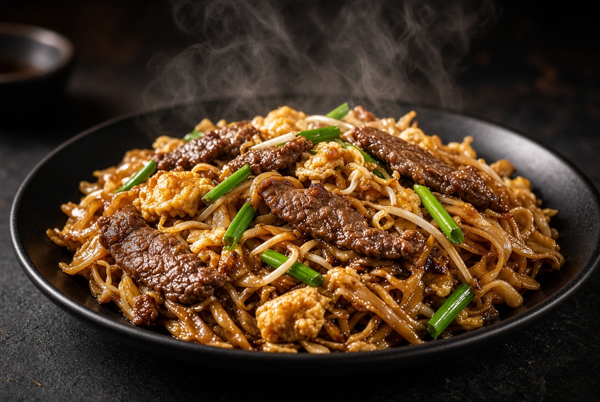 Kwetiau goreng AHO28 dengan wok hei, daging sapi, telur, dan tauge