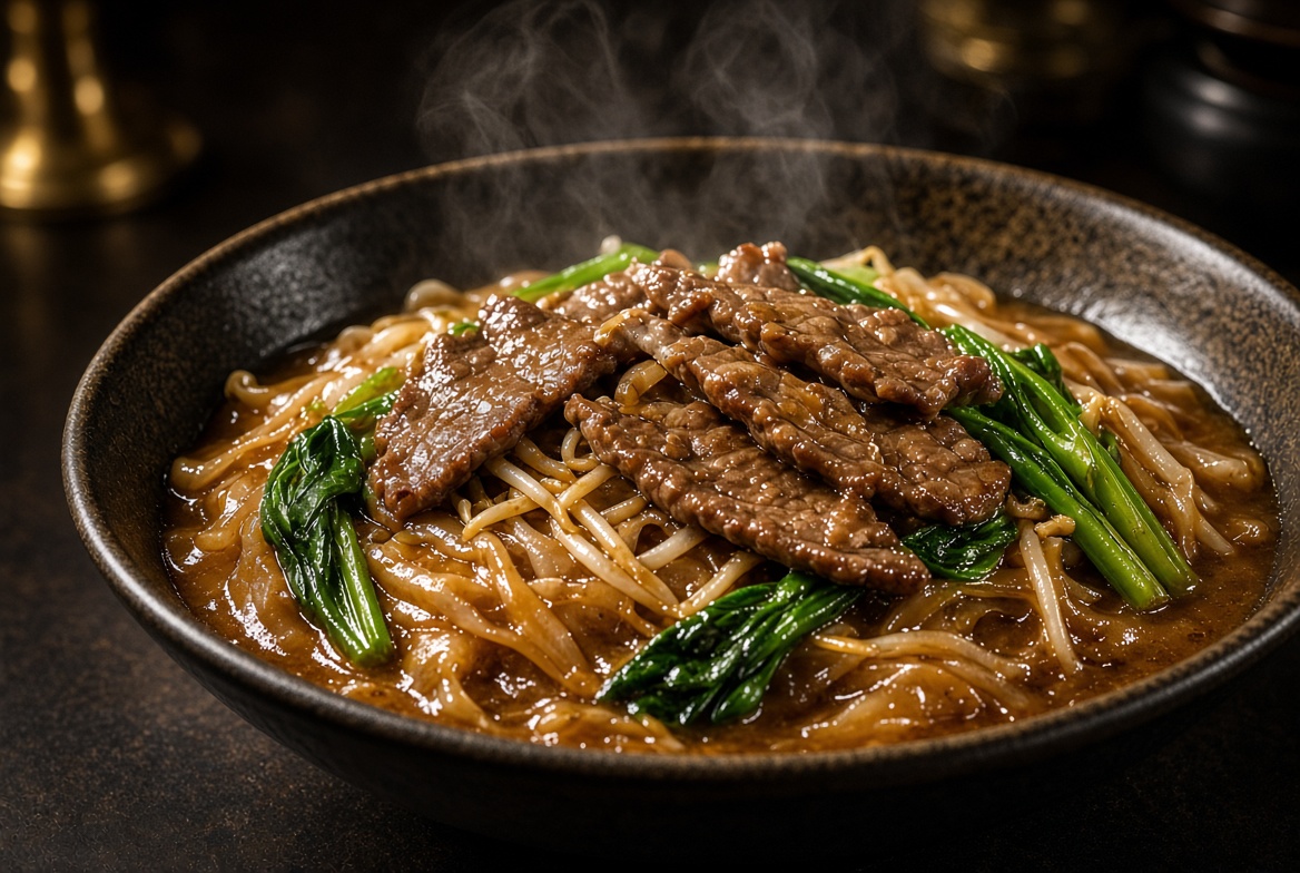 Mangkuk kwetiau siram daging AHO28 dengan kaldu kental dan sawi hijau