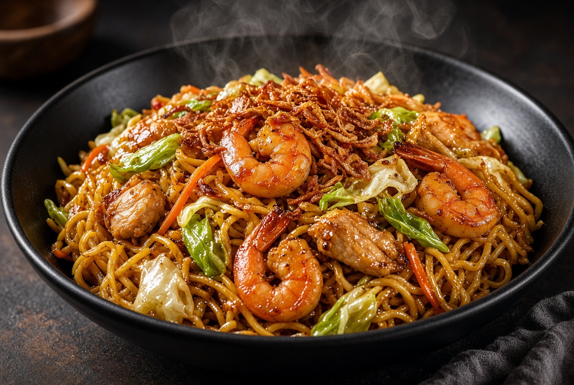 Mie goreng special AHO28 dengan udang, ayam, dan bawang goreng