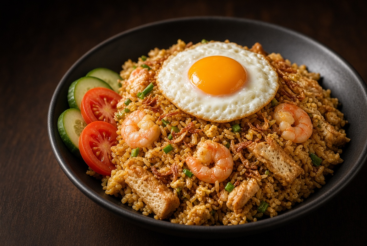 Nasi goreng special AHO28 dengan udang, telur ceplok, dan bawang goreng